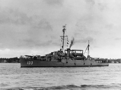 USS Burdo (APD-133) underway, circa in the late 1940s (NH 56648)