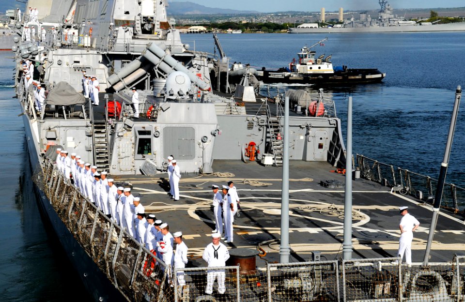 US Navy 101130-N-7498L-012 Sailors assigned to the guided-missile destroyer USS Paul Hamilton (DDG 60) man the rails as the ship departs Joint Base