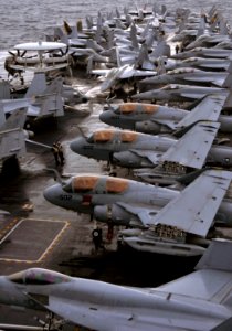US Navy 101202-N-7103C-346 Aircraft are secured to the bow of the aircraft carrier USS George Washington (CVN 73) during a vertical replenishment