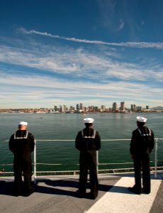 US Navy 101130-N-7981E-503 Sailors man the rails as the aircraft carrier USS Carl Vinson (CVN 70) departs for a three-week composite training unit