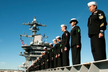 US Navy 101130-N-9123L-049 Sailors man the rails as the aircraft carrier USS Carl Vinson (CVN 70) departs for a three-week composite training unit