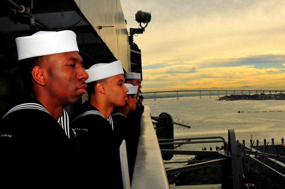 US Navy 101206-N-4053P-011 Sailors aboard the aircraft carrier USS Nimitz (CVN 68) man the rails as the ship departs San Diego