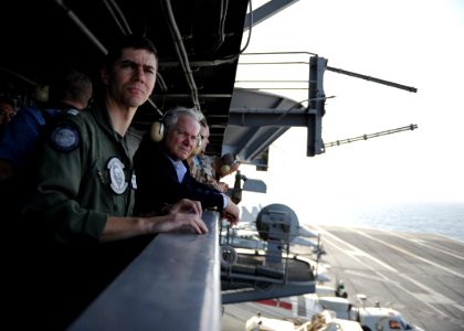 US Navy 101206-N-4973M-083 Secretary of Defense Robert M. Gates observes flight operations supporting Operation Enduring Freedom aboard the aircra