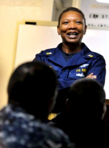 US Navy 101205-N-2055M-296 Command Master Chief April Beldo addresses Sailors during a second class petty officer leadership course aboard the airc
