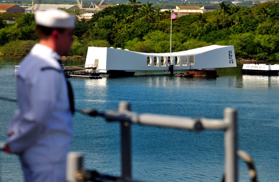 US Navy 101206-N-7948R-307 Information Systems Technician Seaman Adam Ratcliff stands at parade rest while manning the rails as the amphibious dock