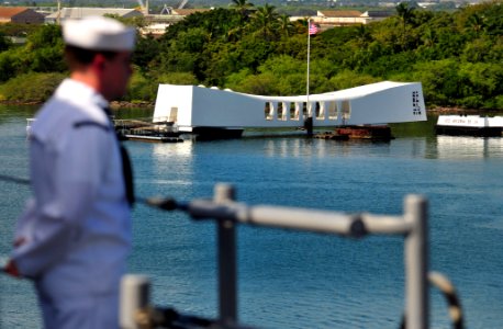 US Navy 101206-N-7948R-307 Information Systems Technician Seaman Adam Ratcliff stands at parade rest while manning the rails as the amphibious dock