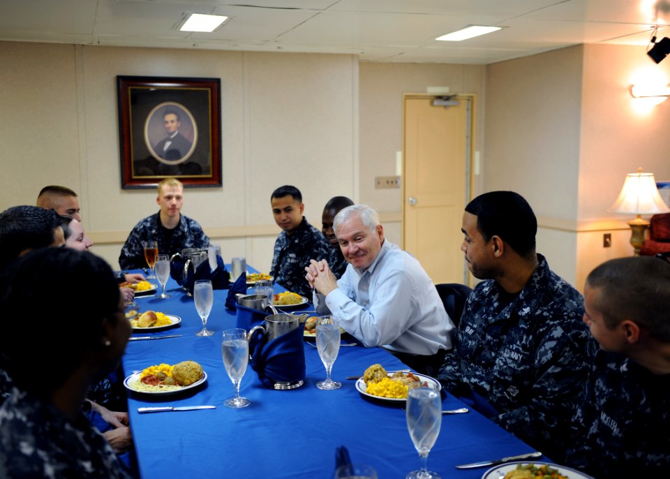 US Navy 101206-N-4973M-068 Secretary of Defense Robert M. Gates has lunch with Sailors aboard the aircraft carrier USS Abraham Lincoln (CVN 72)