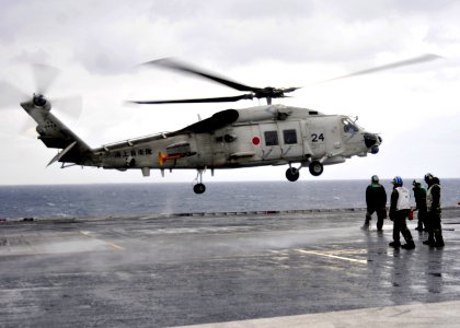 US Navy 101207-N-7103C-048 A Sea Hawk helicopter from the Japan Maritime Self-Defense Force lands aboard the aircraft carrier USS George Washington