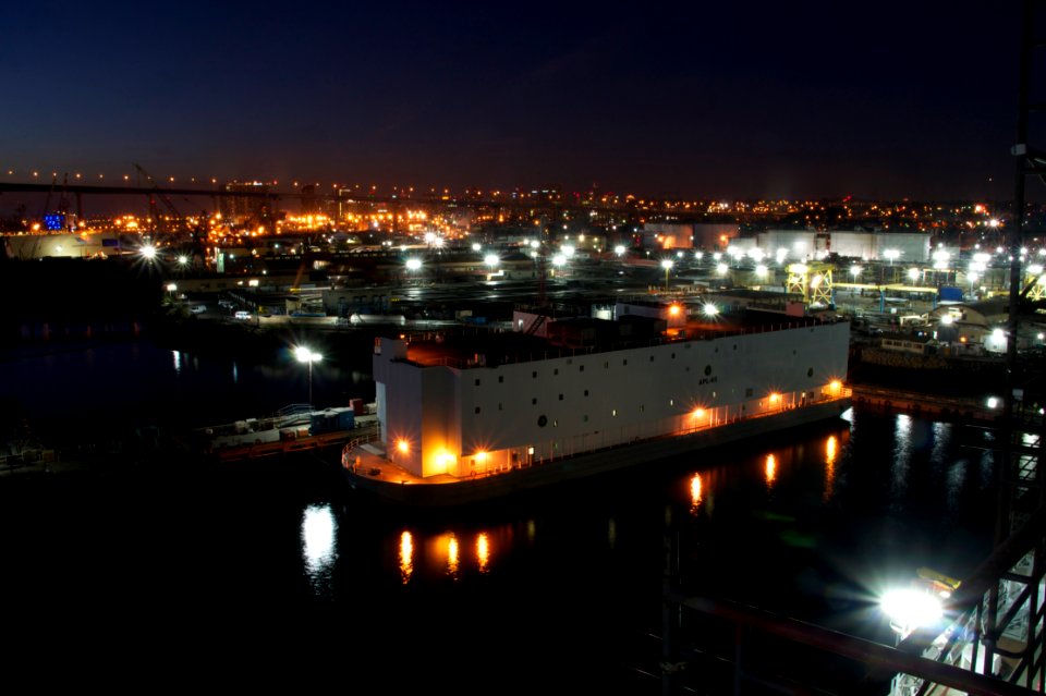 US Navy 101208-N-9643K-795 The Messing and Berthing Barge (APL 65) as seen from the top of the NASSCO dry-dock