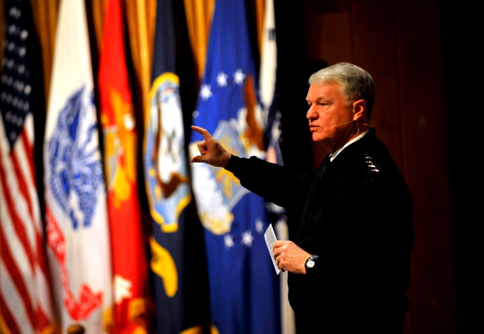 US Navy 101208-N-8273J-059 Chief of Naval Operations (CNO) Adm. Gary Roughead delivers remarks and answers questions from students at the Army War