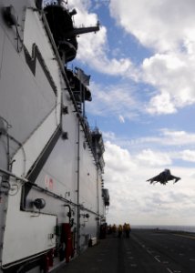 US Navy 101208-N-5538K-045 An AV-8B Harrier jet aircraft assigned to the Tigers of Marine Attack Squadron (VMA) 542 prepare to land aboard the forw