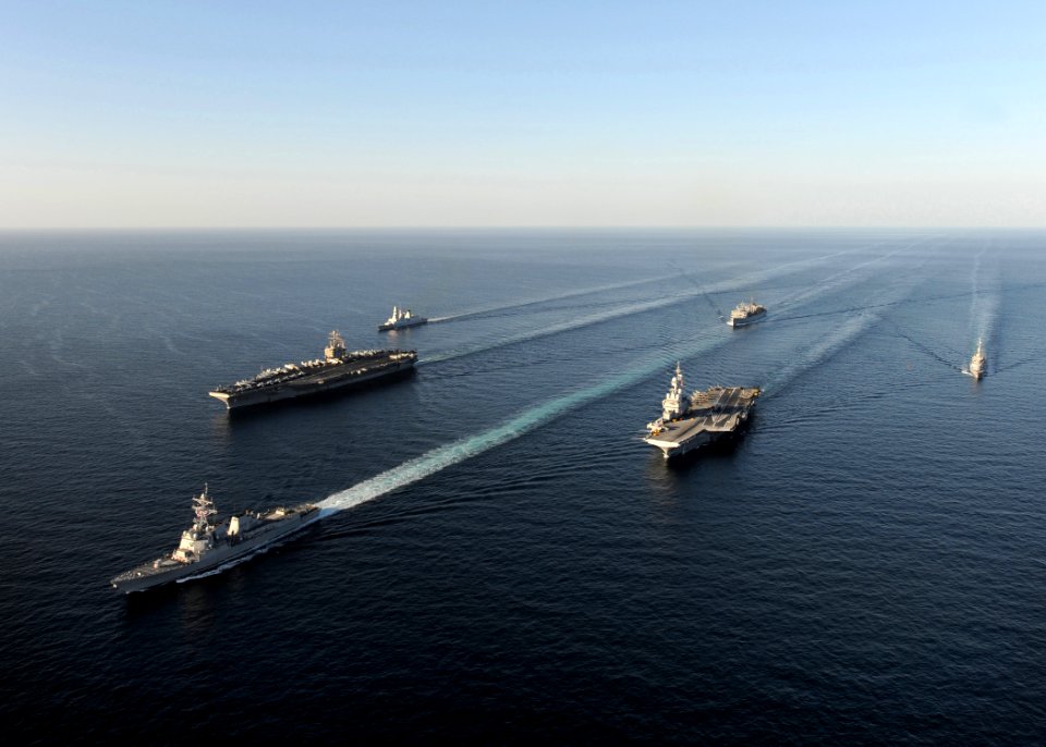 US Navy 101210-N-1261P-050 U.S. Navy and French Navy in formation underway in the Arabian Sea