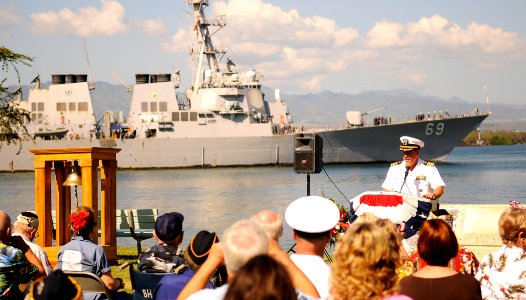 US Navy 101208-N-7498L-153 Capt. Taylor Skardon speaks at the Nevada Memorial as Pearl Harbor survivors gather with Sailors, families and friends a