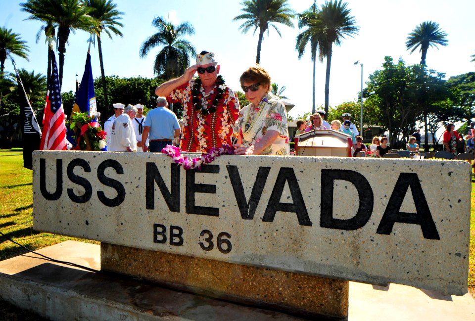US Navy 101208-N-7948R-339 Woodrow Derby, a Pearl Harbor survivor who served on the battleship USS Nevada (BB 36), salutes after laying a wreath du