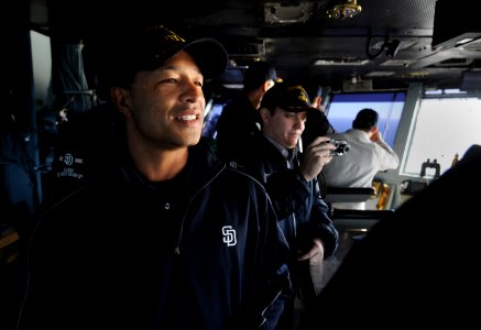 US Navy 101212-N-2055M-198 Dave Roberts observes flight operations aboard USS Carl Vinson (CVN 70)