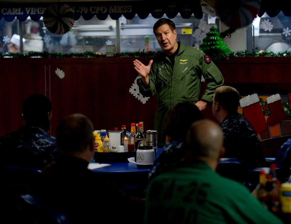 US Navy 101214-N-7981E-090 Vice Adm. Allen G. Myers addresses the Chief Petty Officer Mess during a visit aboard USS Carl Vinson (CVN 70)