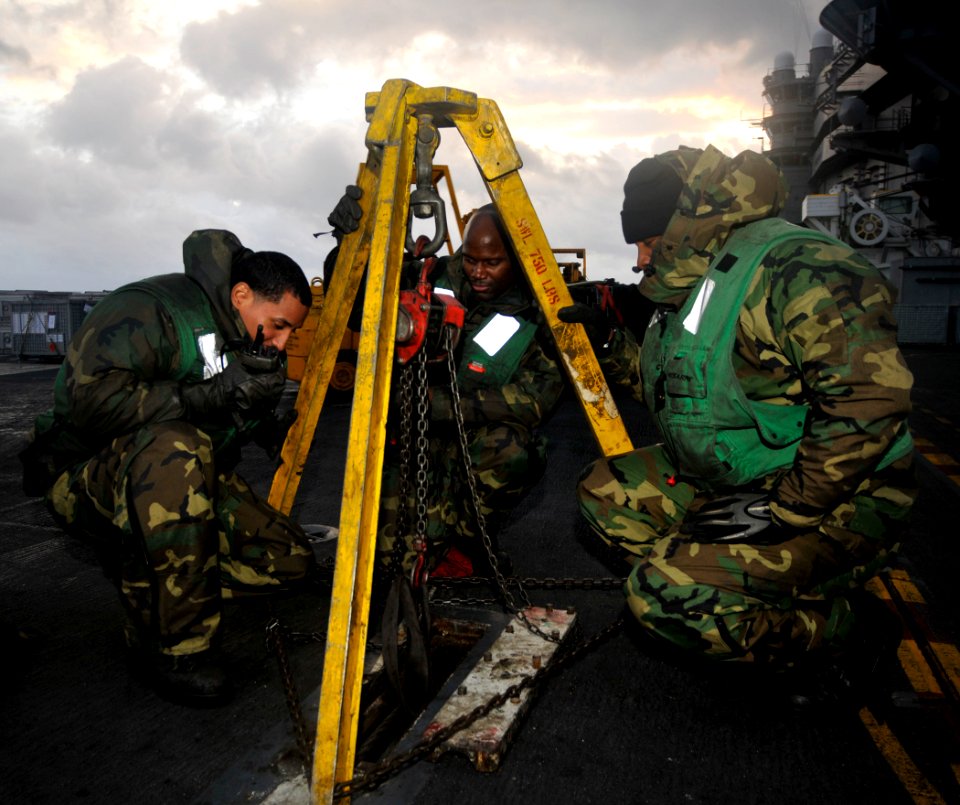US Navy 101213-N-7103C-015 Sailors use an industrial tripod to raise an arresting gear wire during scheduled maintenance aboard USS George Washingt