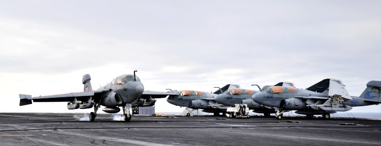 US Navy 101218-N-6003P-242 An EA-6B Prowler assigned to the Zappers of Electronic Attack Squadron (VAQ) 130 lands aboard the aircraft carrier USS H