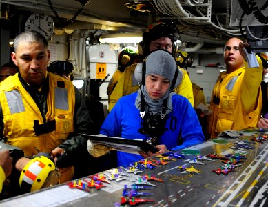 US Navy 101219-N-2953W-043 Aviation Boatswain's Mate (Handling) 3rd Class Cody Garza looks at the Ouija board during a general quarters drill aboar