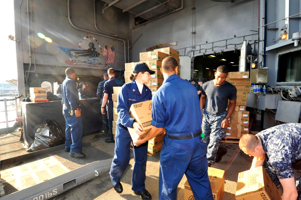 US Navy 101222-N-9626Y-024 ailors aboard the aircraft carrier USS George Washington (CVN 73) restock supplies after receiving more than 80 pallets