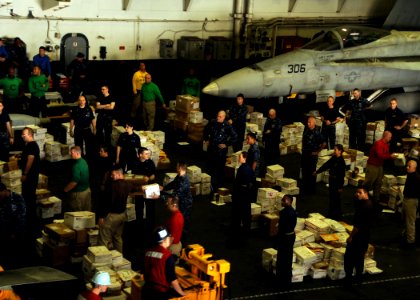 US Navy 101216-N-4973M-033 Sailors aboard the aircraft carrier USS Abraham Lincoln (CVN 72) sort mail packages during a replenishment at sea