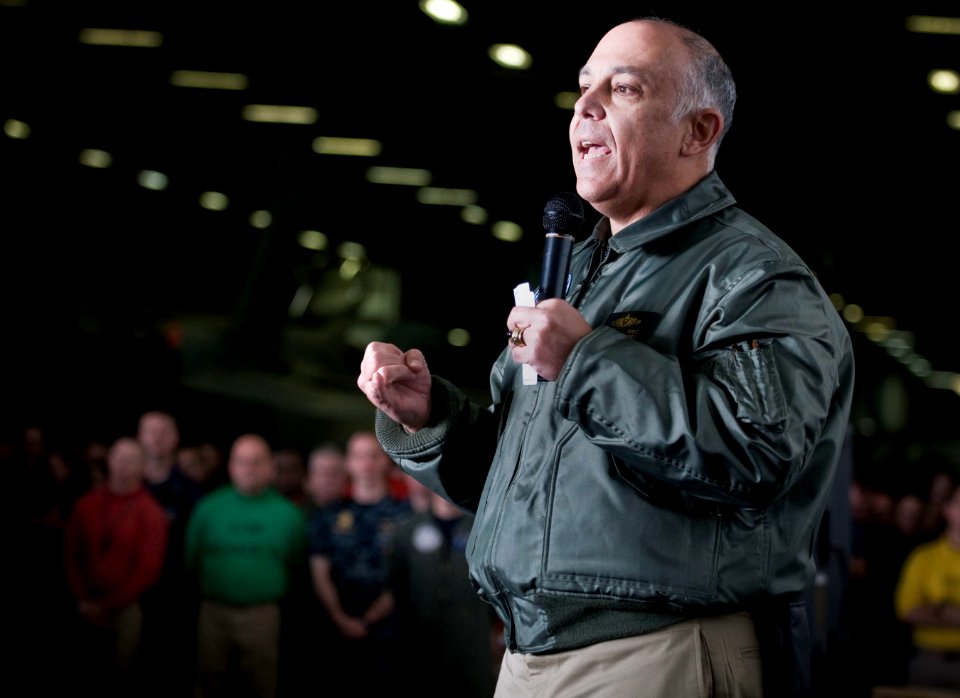 US Navy 101222-N-2055M-363 Rear Adm. Sam Perez, commander of Carrier Strike Group (CSG) 1, addresses Sailors during a frocking ceremony and all-han
