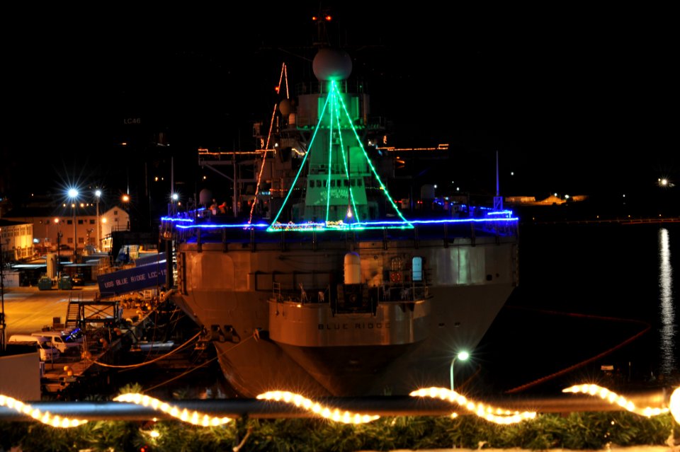 US Navy 101224-N-4031K-012 The U.S. 7th Fleet command ship USS Blue Ridge (LCC 19) is illuminated with Christmas lights on Christmas Eve