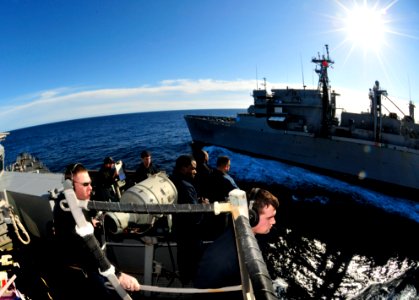 US Navy 110122-N-9811S-055 Sailors on the bridge of the guided-missile destroyer USS Barry (DDG 52) monitor a refueling at sea with the Military Se