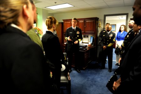 US Navy 110125-N-0555B-027 Vice Adm. Dirk J. Debbink, Chief of Navy Reserve, speaks with the 2010 Navy Recruiters of the Year during their tour thr photo