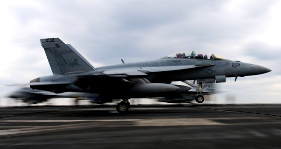 US Navy 110121-N-6632S-227 An F-A-18F Super Hornet assigned to Strike Fighter Squadron (VFA) 213 lands on the flight deck of the aircraft carrier U