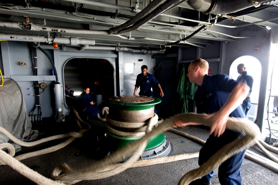 US Navy 110122-N-2953W-569 Sailors assigned to the deck department of the aircraft carrier USS Carl Vinson (CVN 70) heave a line as the ship pulls