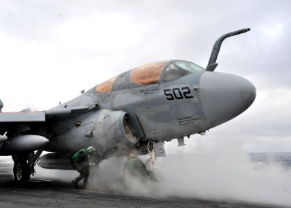 US Navy 110125-N-0569K-086 Sailors do final pre-flight checks on a EA-6B Prowler aboard USS Enterprise (CVN 65)