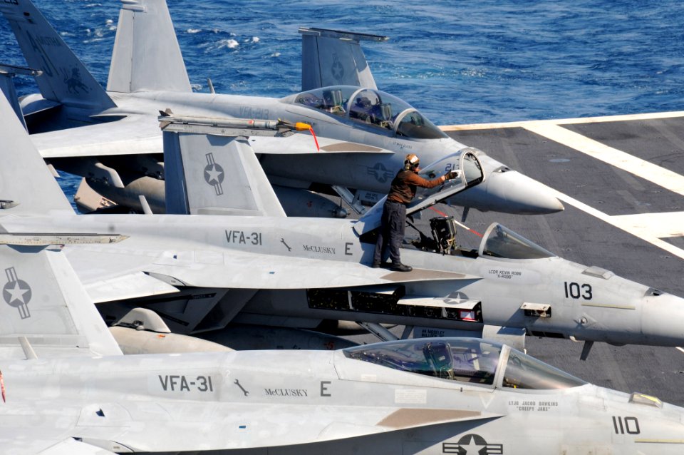 US Navy 110129-N-7004H-022 A Sailor cleans the canopy of an F-A-18E Super Hornet aboard USS George H.W. Bush (CVN 77)