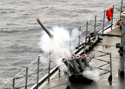 US Navy 110131-N-1512O-001 An MK-214 seduction chaff canister is fired during a test exercise aboard USS Mount Whitney (LCC-JCC 20)