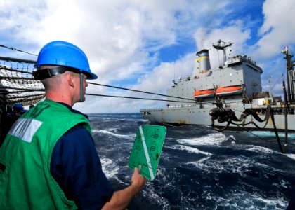 US Navy 110205-N-9793B-081 Seaman Lehi S. Caldwell ends signals to the Military Sealift Command fleet replenishment oiler USNS John Lenthall (T-AO