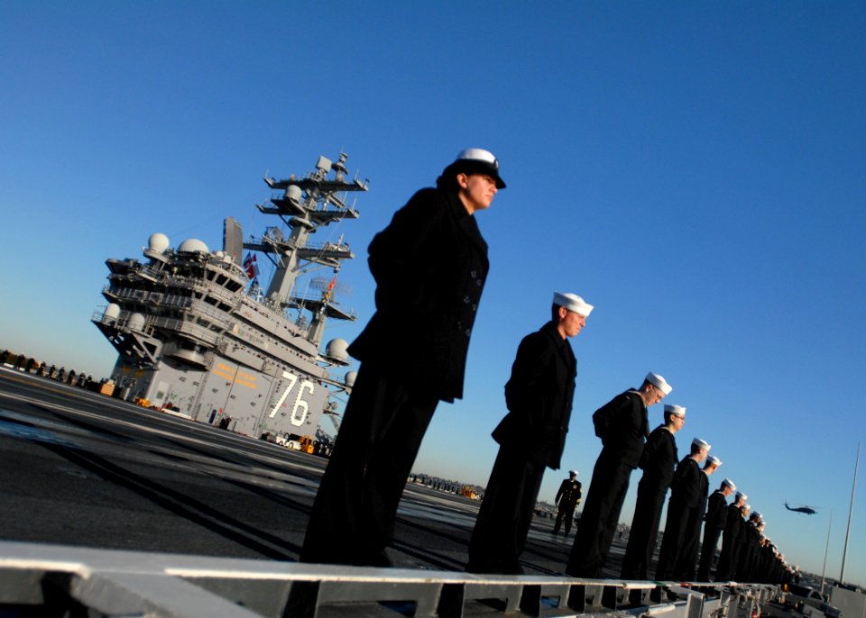 US Navy 110202-N-5684M-137 Sailors man the rails of USS Ronald Reagan (CVN 76) as the ship departs San Diego