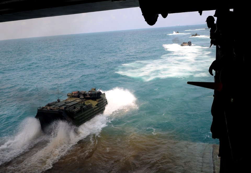 US Navy 110207-N-6692A-141 Amphibious assault vehicles depart the amphibious transport dock ship USS Denver (LPD 9) during a Cobra Gold 2011 amphib