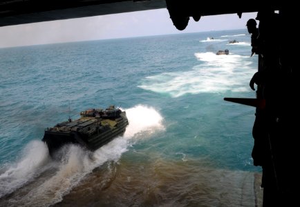 US Navy 110207-N-6692A-141 Amphibious assault vehicles depart the amphibious transport dock ship USS Denver (LPD 9) during a Cobra Gold 2011 amphib