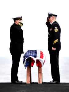 US Navy 110206-N-6003P-133 Lt. Cmdr. Michael Bigelow, left, a Navy chaplain, and Chief Air Traffic Controller Jamey McFarland salute the remains of