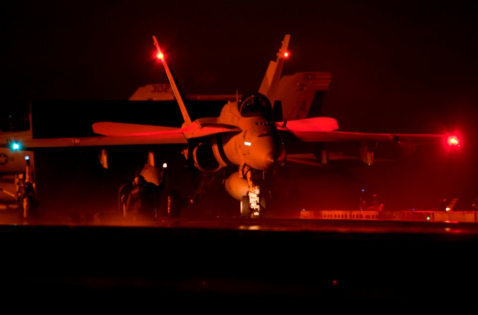 US Navy 110208-N-7981E-570 An F-A-18C Hornet assigned to Strike Fighter Squadron (VFA) 25 prepares to take off from the Nimitz-class aircraft carri