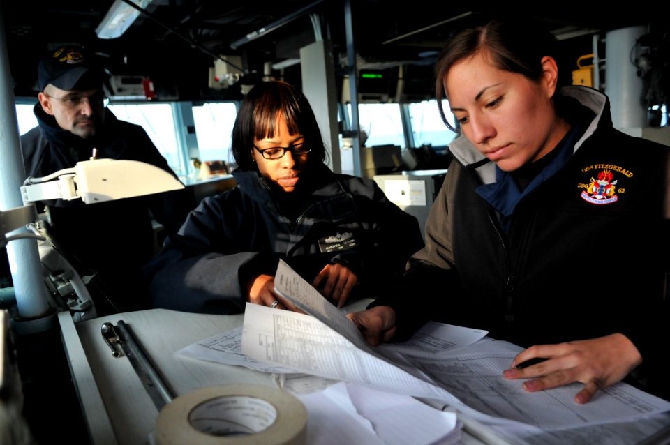 US Navy 110209-N-9818V-203 Ensign Carissa Guthrie, right, and Navy Counselor 1st Class Marshea Taylor check the muster report on the bridge during