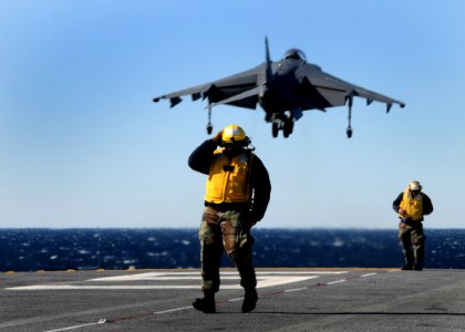 US Navy 110212-N-7508R-014 An AV-8B Harrier assigned to Marine Attack Squadron (VMA) 261 takes off aboard the multi-purpose amphibious assault ship photo