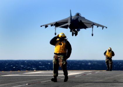 US Navy 110212-N-7508R-014 An AV-8B Harrier assigned to Marine Attack Squadron (VMA) 261 takes off aboard the multi-purpose amphibious assault ship
