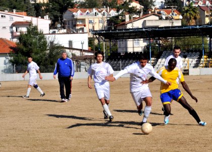 US Navy 110210-N-0569K-073 Sailors assigned to the aircraft carrier USS Enterprise (CVN 65) play soccer with a Turkish semi-professional team