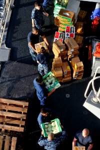 US Navy 110210-N-6006S-090 Sailors aboard USS Bunker Hill (CG 52) form a working party to carry supplies brought aboard from USNS Henry J. Kaiser (