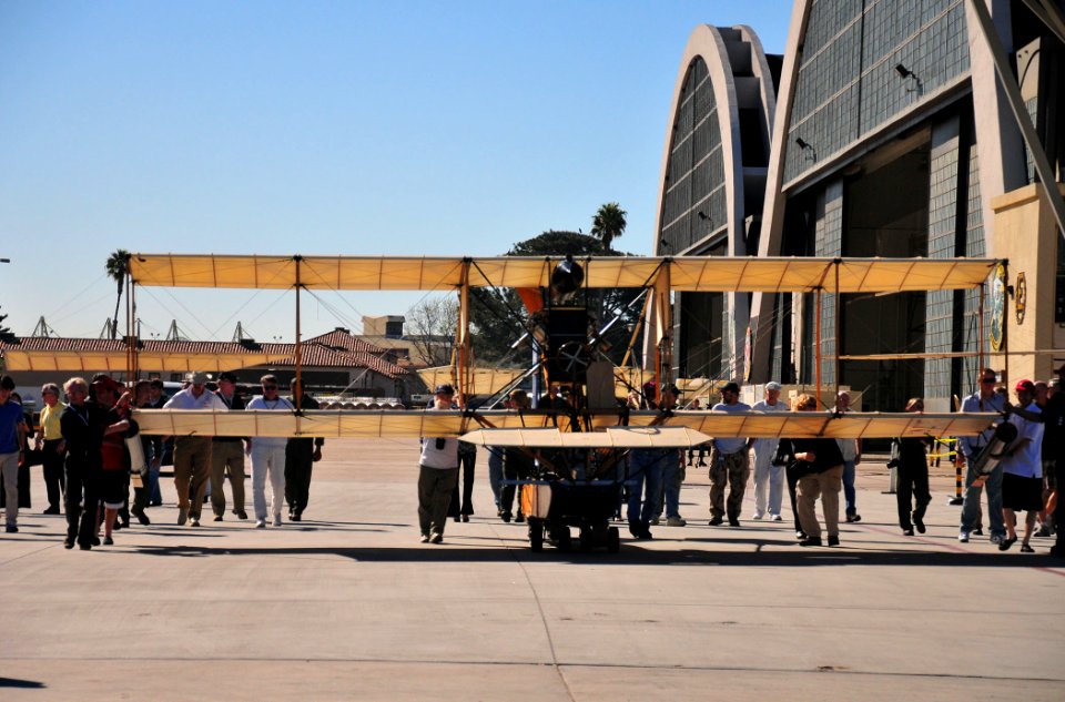US Navy 110211-N-ZS026-242 A 1911 Curtiss A-1 Triad seaplane from the San Diego Air and Space Museum taxis to the boat ramp at Naval Air Station No