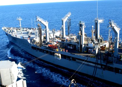 US Navy 110212-N-5694F-027 USS Guadalupe (T-AO 200) transfers supplies to USS Ronald Reagan (CVN 76) during a replenishment at sea