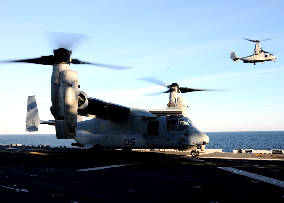 US Navy 110213-N-7508R-003 An MV-22B Osprey assigned to Marine Medium Tiltrotor Squadron (VMM) 263 prepares to launch aboard the multi-purpose amph