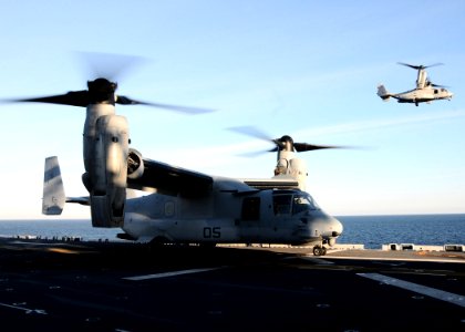 US Navy 110213-N-7508R-003 An MV-22B Osprey assigned to Marine Medium Tiltrotor Squadron (VMM) 263 prepares to launch aboard the multi-purpose amph