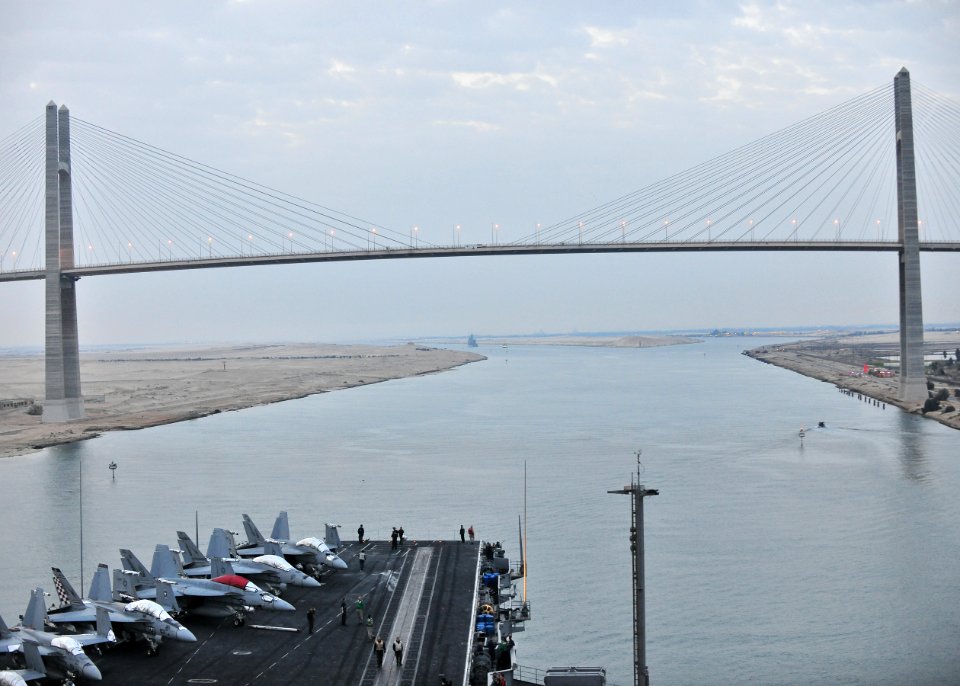 US Navy 110215-N-0074G-006 The aircraft carrier USS Enterprise (CVN 65) approaches the Friendship Bridge as it transits the Suez Canal